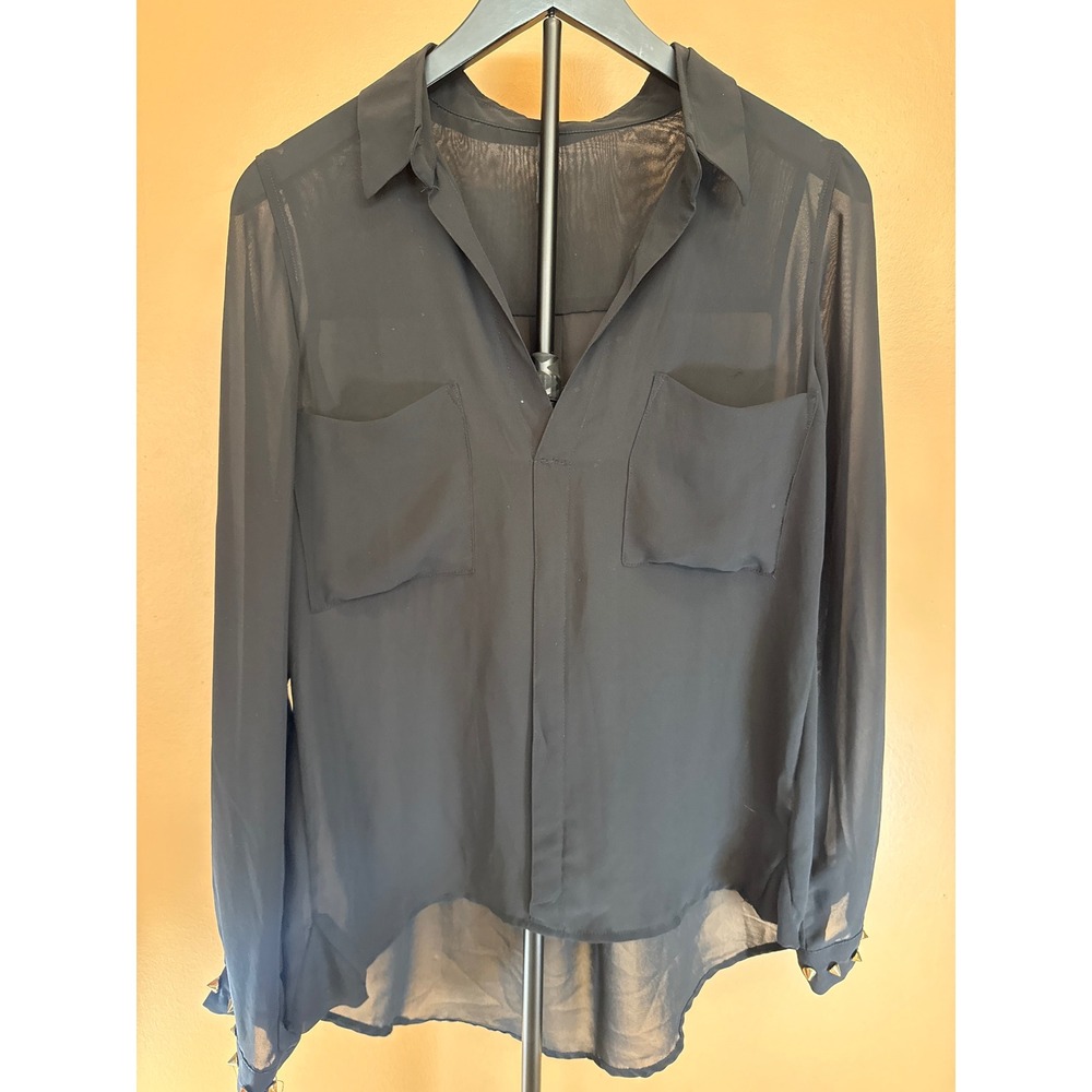 Elan Black Sheer High Low Blouse Studded Cuffs Small